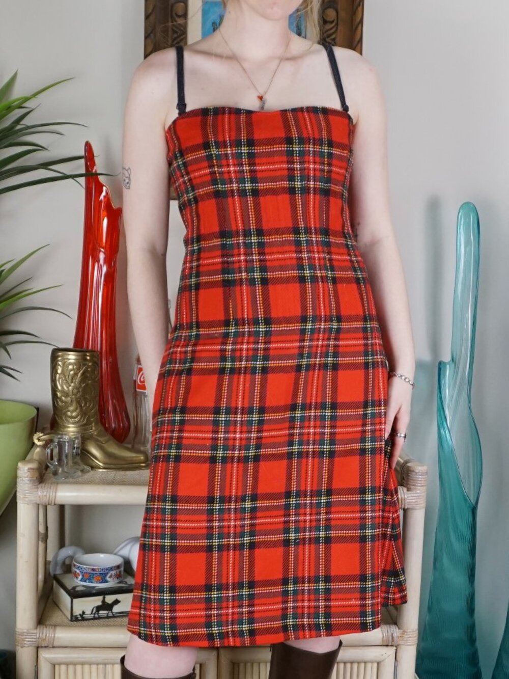 Dolce Gabbana Vintage Red Tartan Wool Corset Black Bra Dress